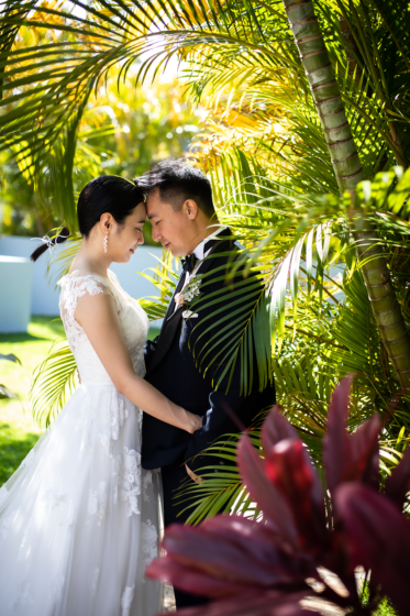ボタニカルなウェディングフォト。 ハワイらしい南国の植物の中で見つめあう新郎新婦。