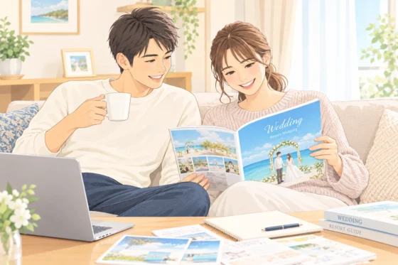 結婚式のパンフレットを見ながら笑顔で話し合うカップル