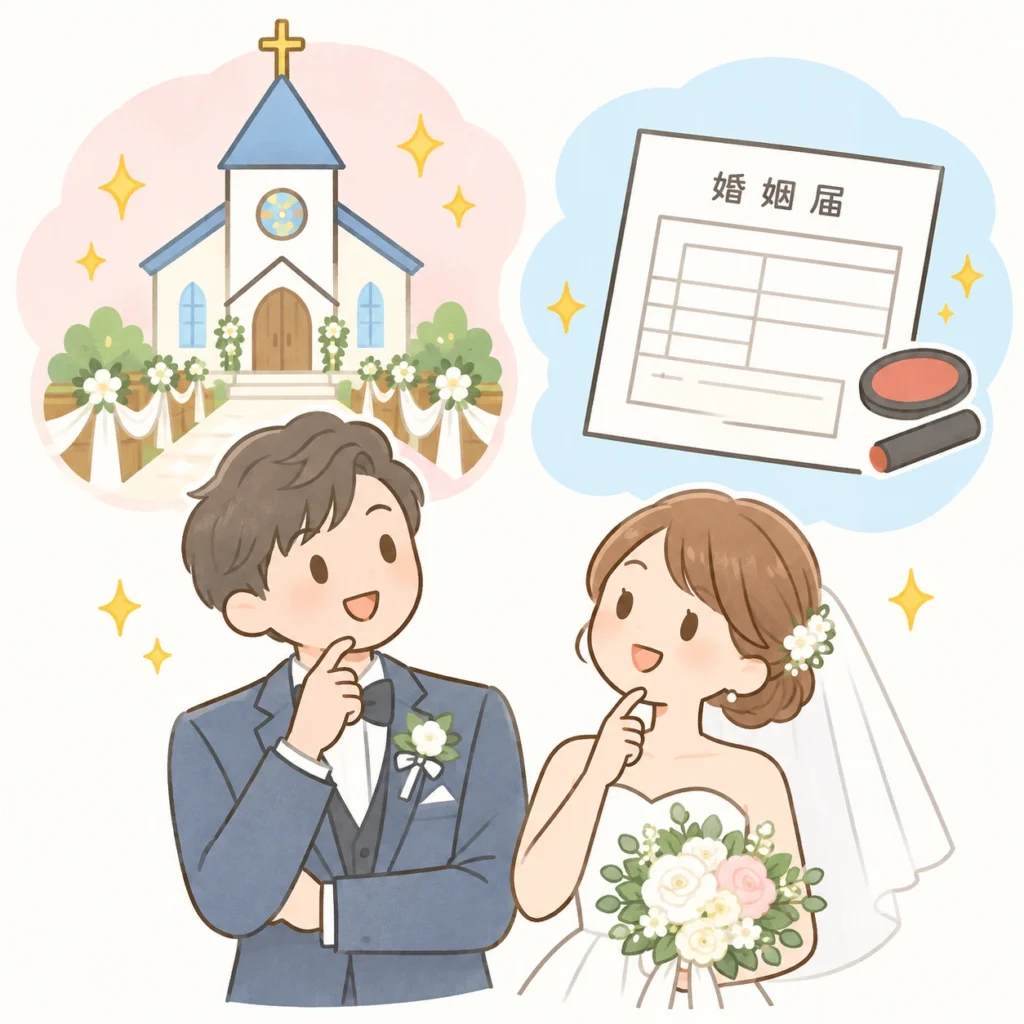 入籍と結婚式の順番について考える新郎新婦のイラスト