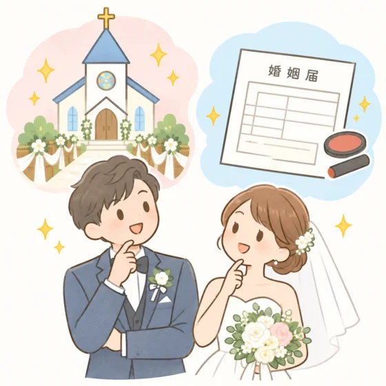 入籍と結婚式の順番について考える新郎新婦のイラスト