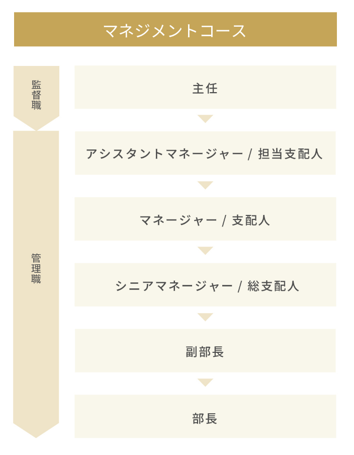 マネジメントコースは監督職の主任からスタートし、アシスタントマネージャー/担当支配人、マネージャー/支配人、シニアマネージャー/総支配人、副部長、部長といった役職を目指します。