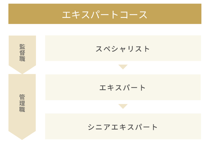 エキスパートコースは監督職の各職種のスペシャリストからスタートし、エキスパート、シニアエキスパートとより専門性を高めていくコースです。