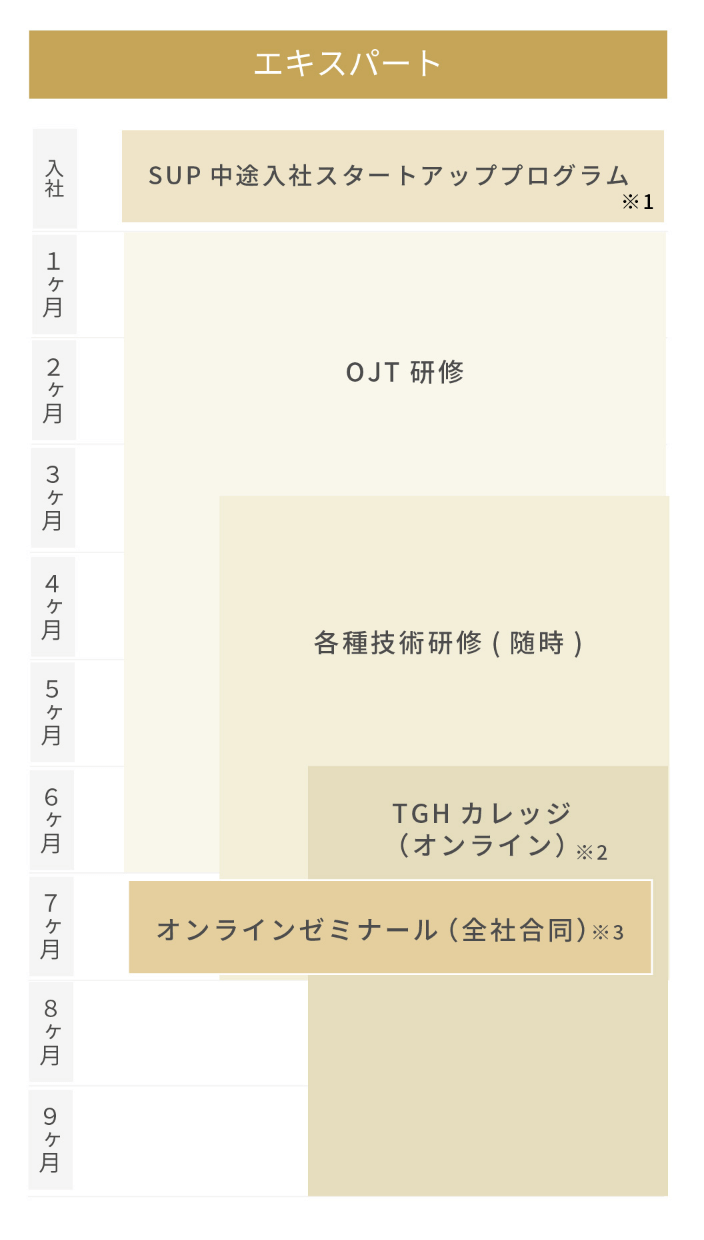 エキスパート職は入社後にまずSUP中途入社スタートアップブログラム（※1）を受講。その後は各部署にてOJT研修の後、配属先にて随時各種技術研修を受けることができます。またオンラインでいつでも学べるTGHカレッジ（※2）や、全社合同のオンラインゼミナール（※3）なども用意されています。