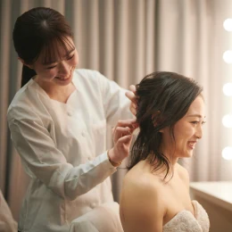 花嫁のヘアセットを行うヘアメイクスタッフ